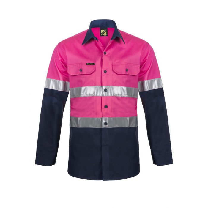 WorkCraft Hi Vis Two Tone Long Sleeve Vented Cotton Drill Shirt